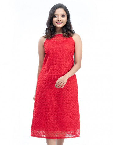 Red Self Design A-Line Dress