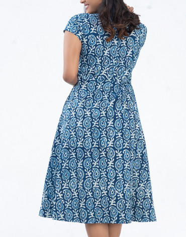 Indigo Handblock A-Line Dress with Pocket