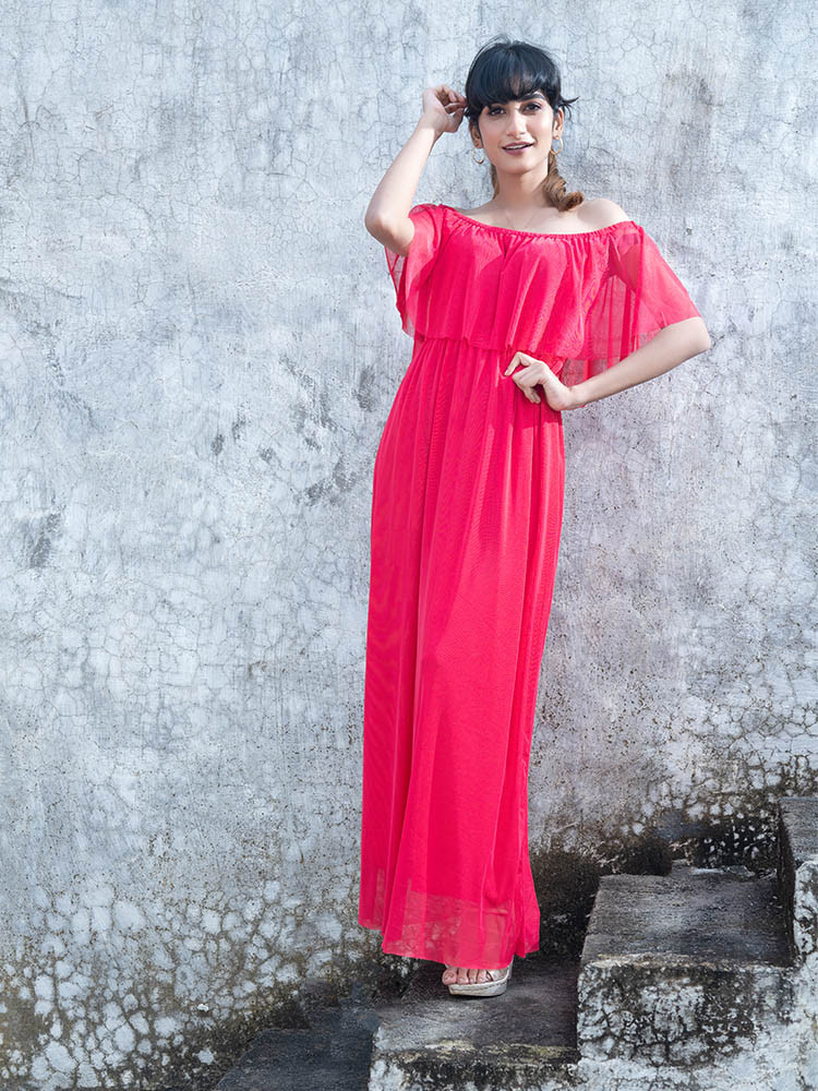 Coral Off-Shoulder Maxi Dress