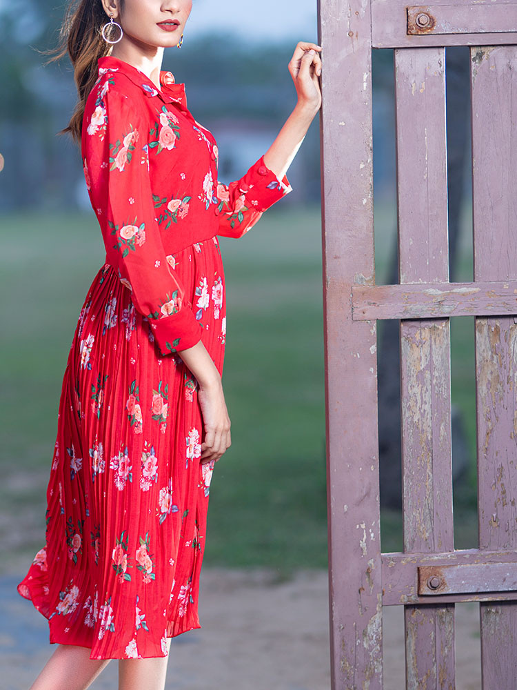 Red Printed Pleated Dress