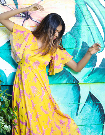 Yellow printed A-Line Dress