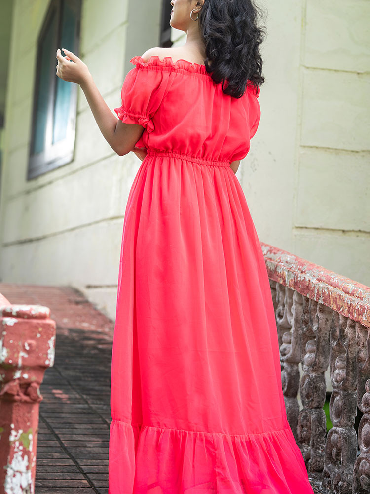 Coral Solid Off Shoulder Dress