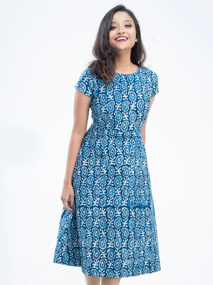 Indigo Handblock A-Line Dress with Pocket