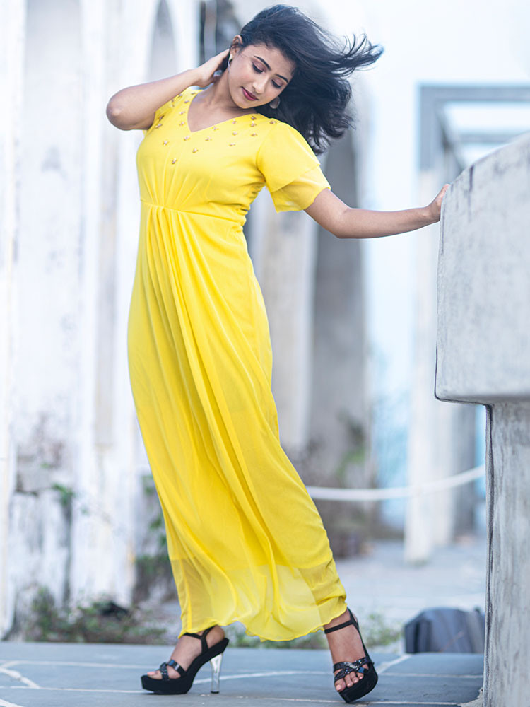 Yellow Solid Embellished Maxi Dress