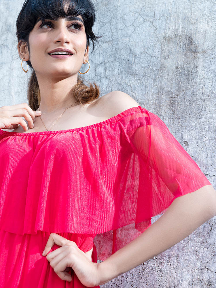 Coral Off-Shoulder Maxi Dress