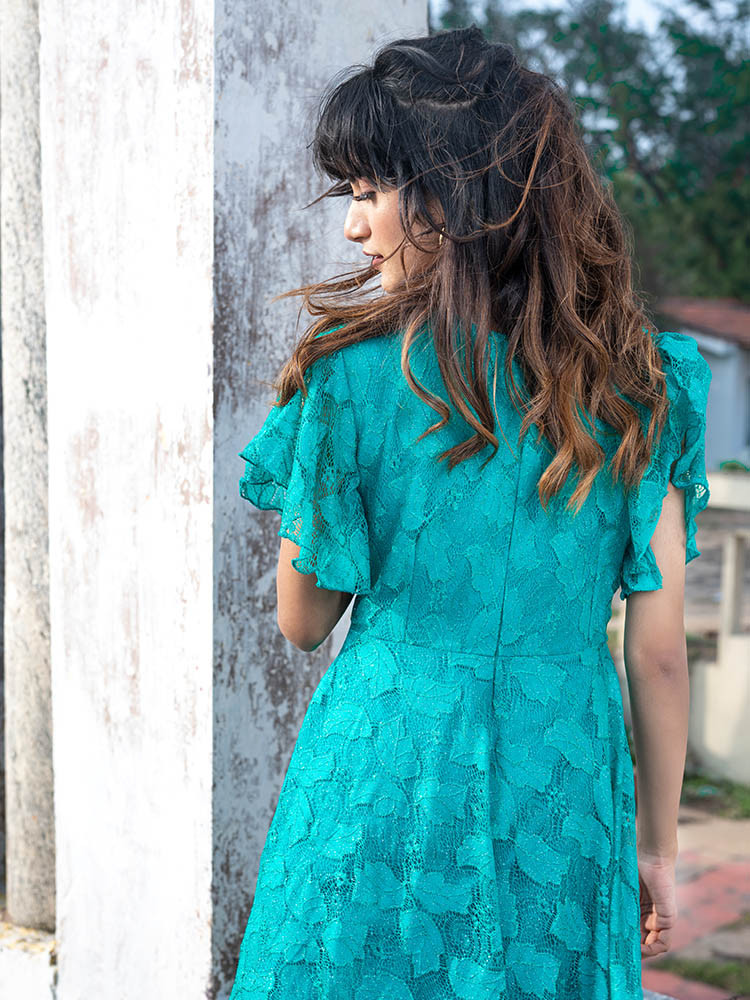 Green Flared Sleeve Maxi Dress