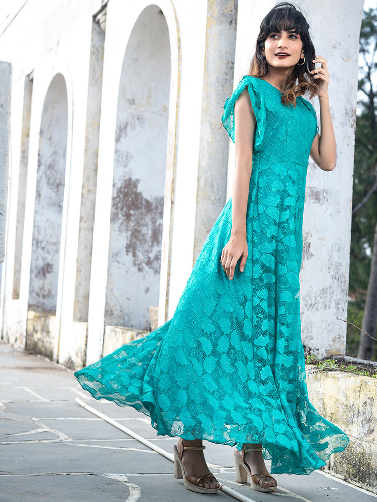 Green Flared Sleeve Maxi Dress