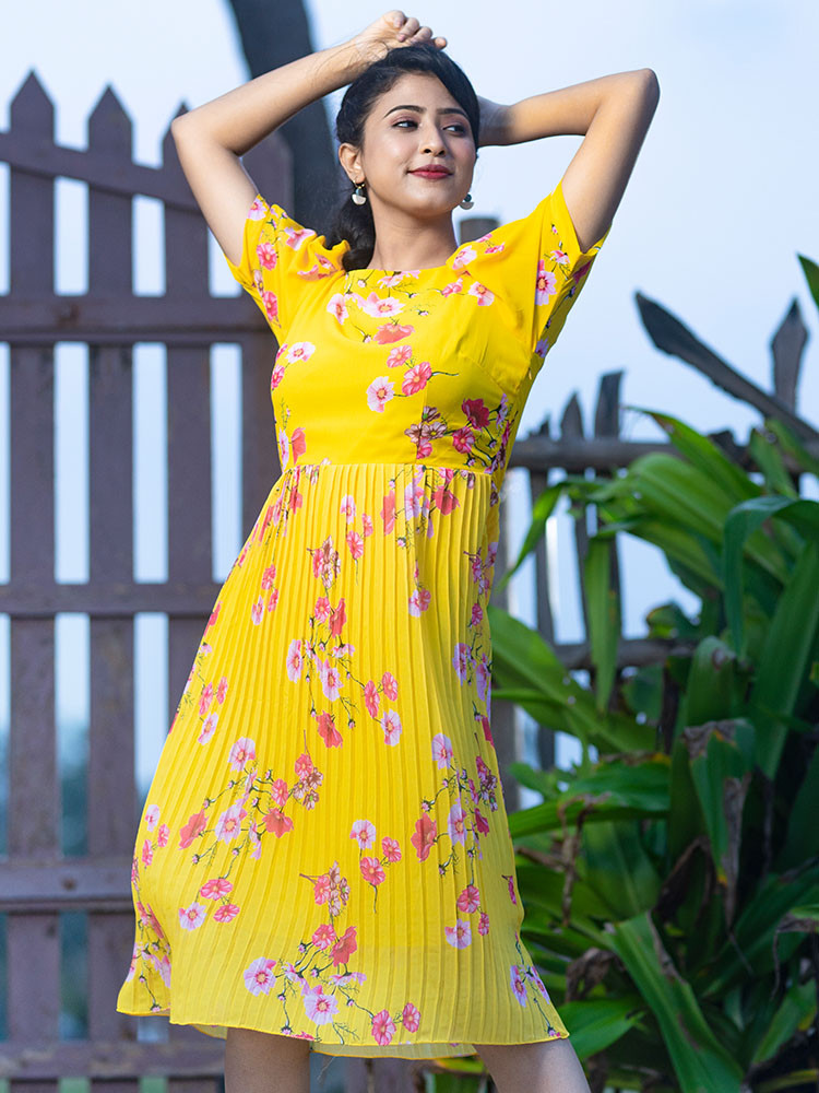 Yellow Printed Pleated Dress