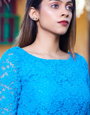 Blue solid lace sheath dress