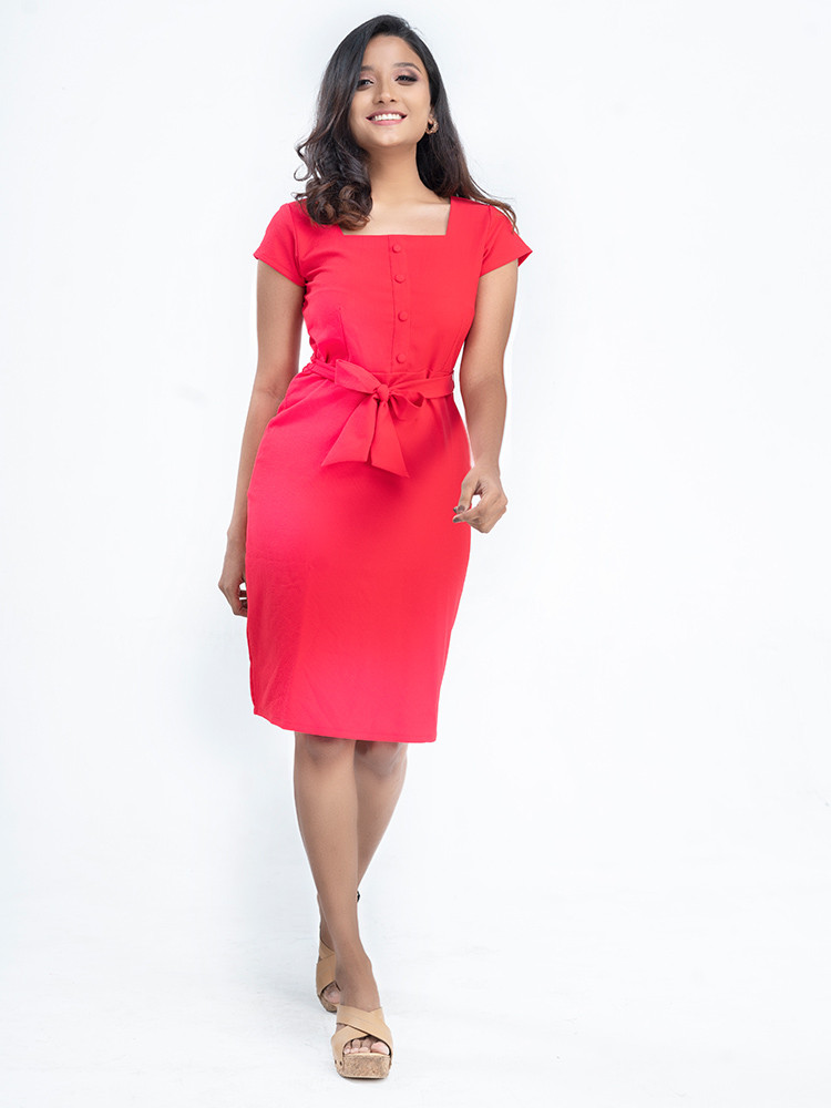 Coral Solid Fit & Flare Dress