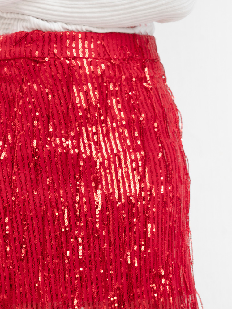 Red Sequinned Mini Straight Skirt