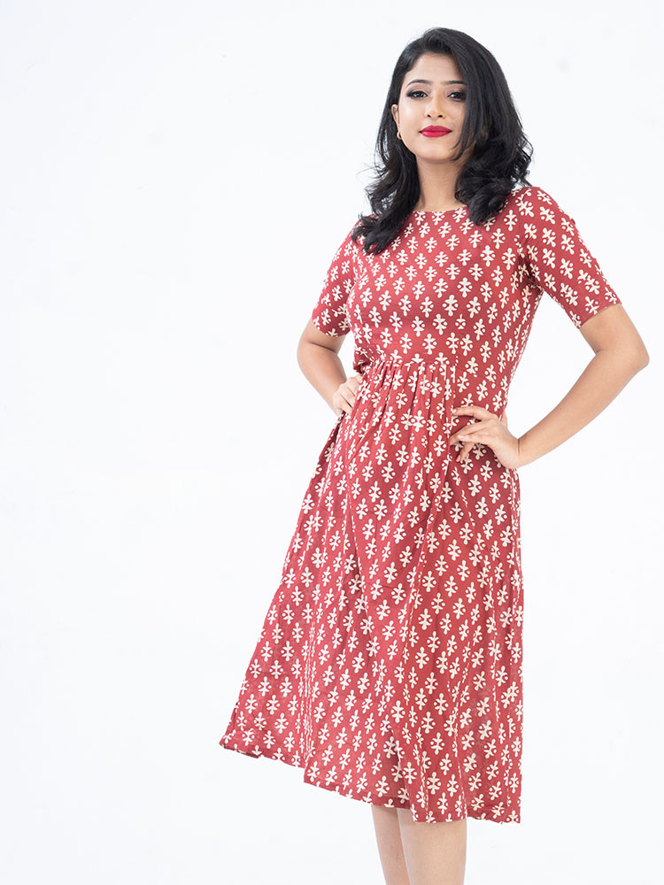 Maroon Handblock Printed Dress
