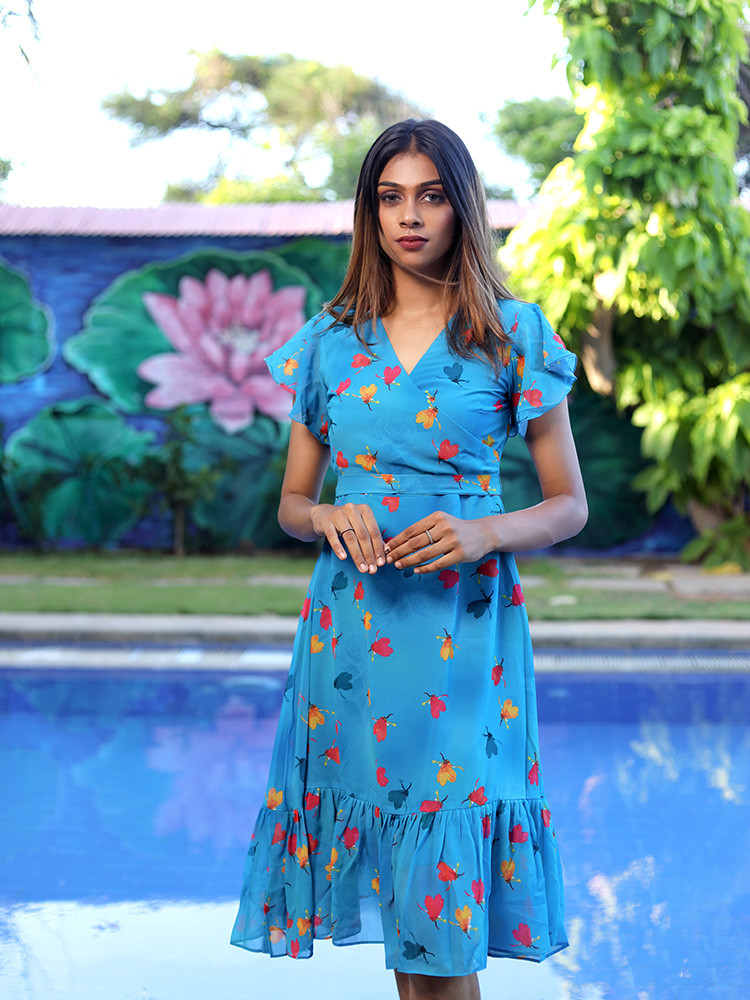 Blue Floral Dress with Belt