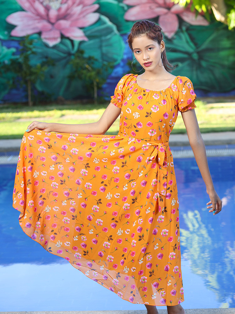 Orange Floral Print Maxi Dress