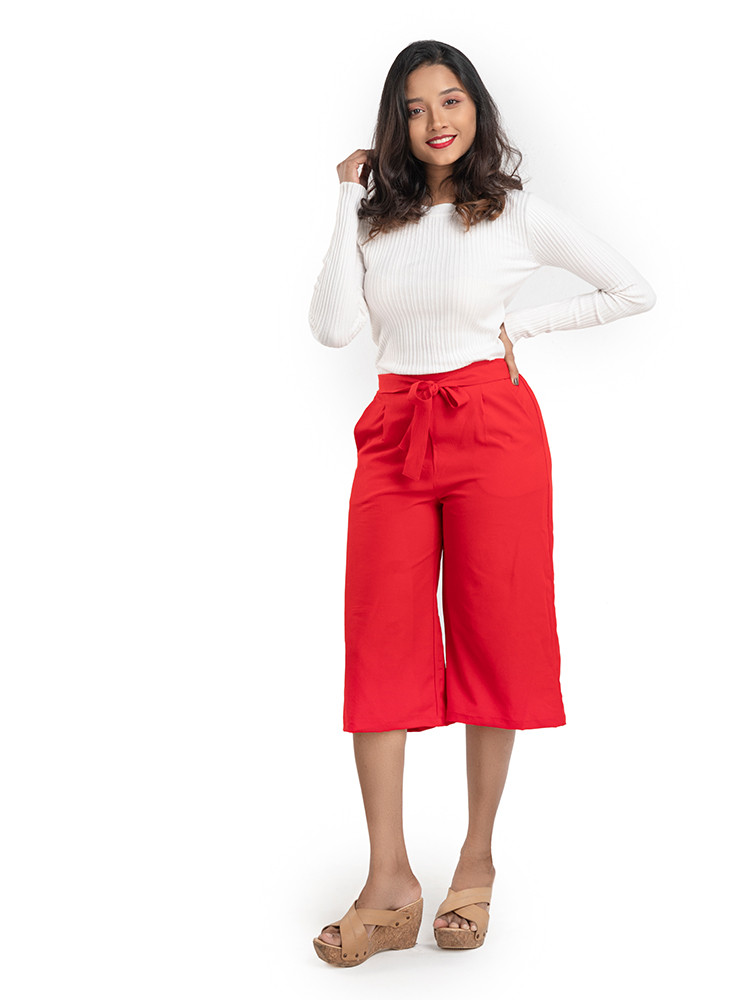 Red Regular Fit Solid Culotte