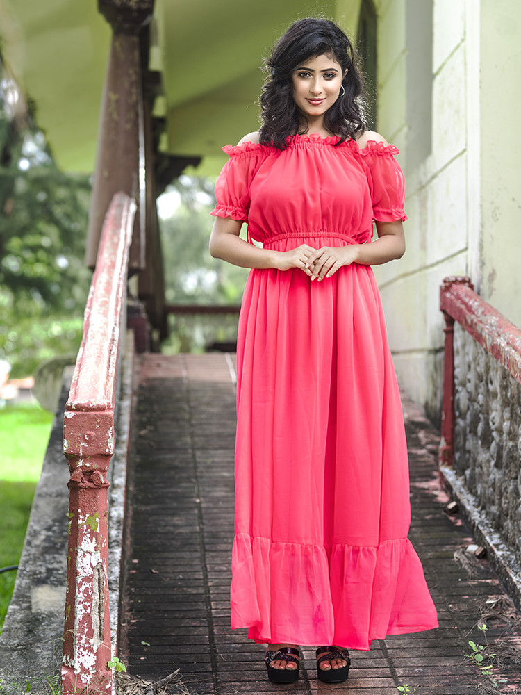 Coral Solid Off Shoulder Dress