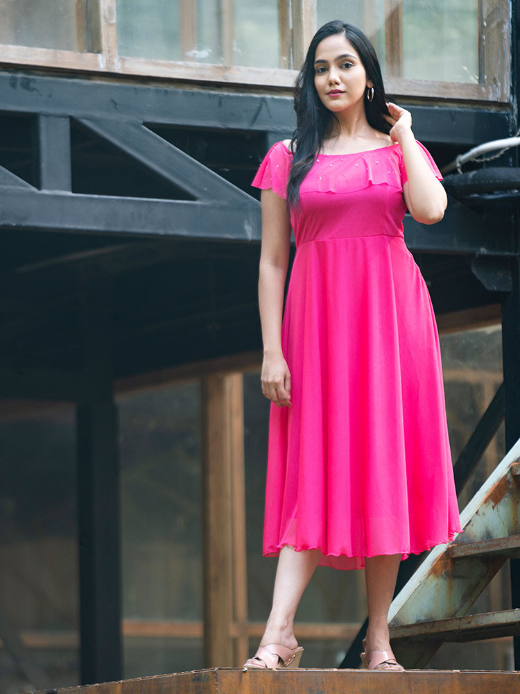 Pink Off Shoulder Embellished Dress