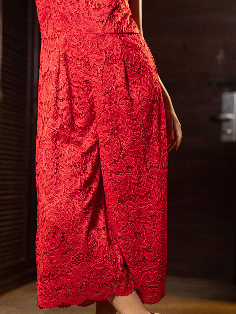Red Self Design Lace Culotte Jumpsuit
