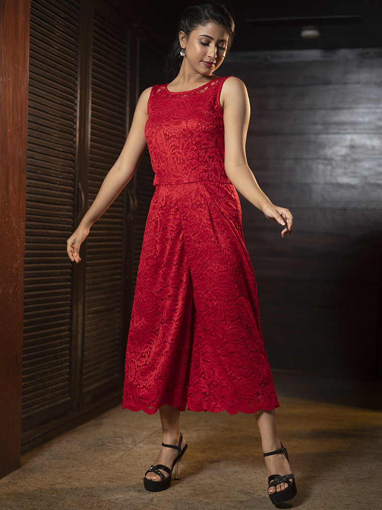 Red Self Design Lace Culotte Jumpsuit