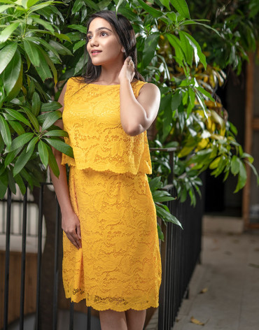 Yellow A Line Lace Dress
