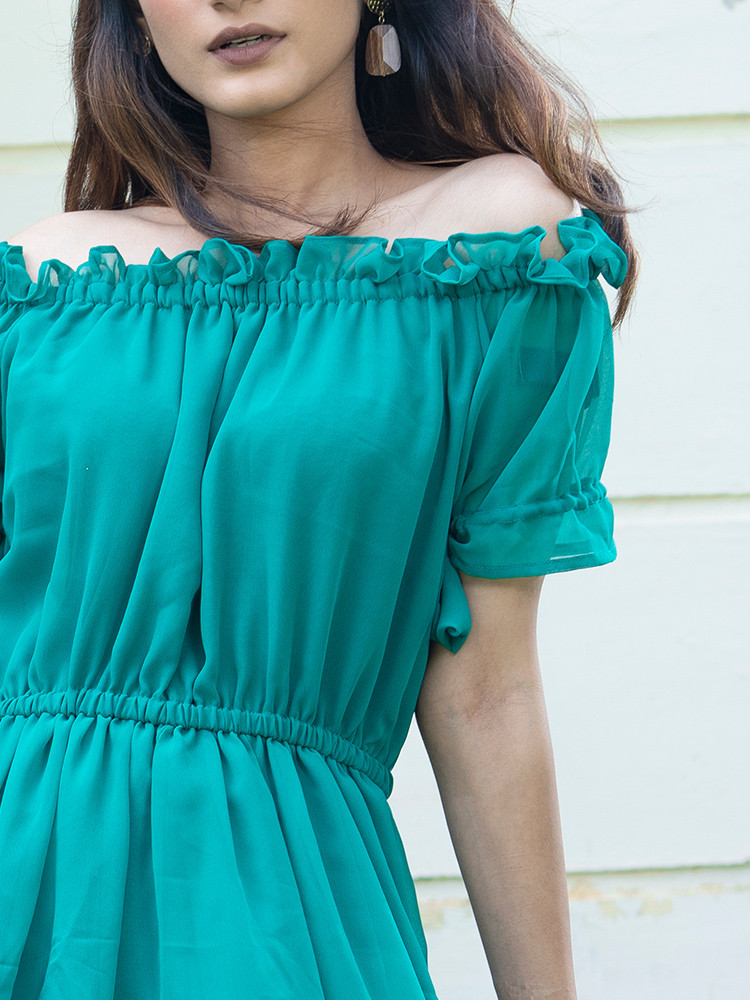Green Solid Off-Shoulder Dress