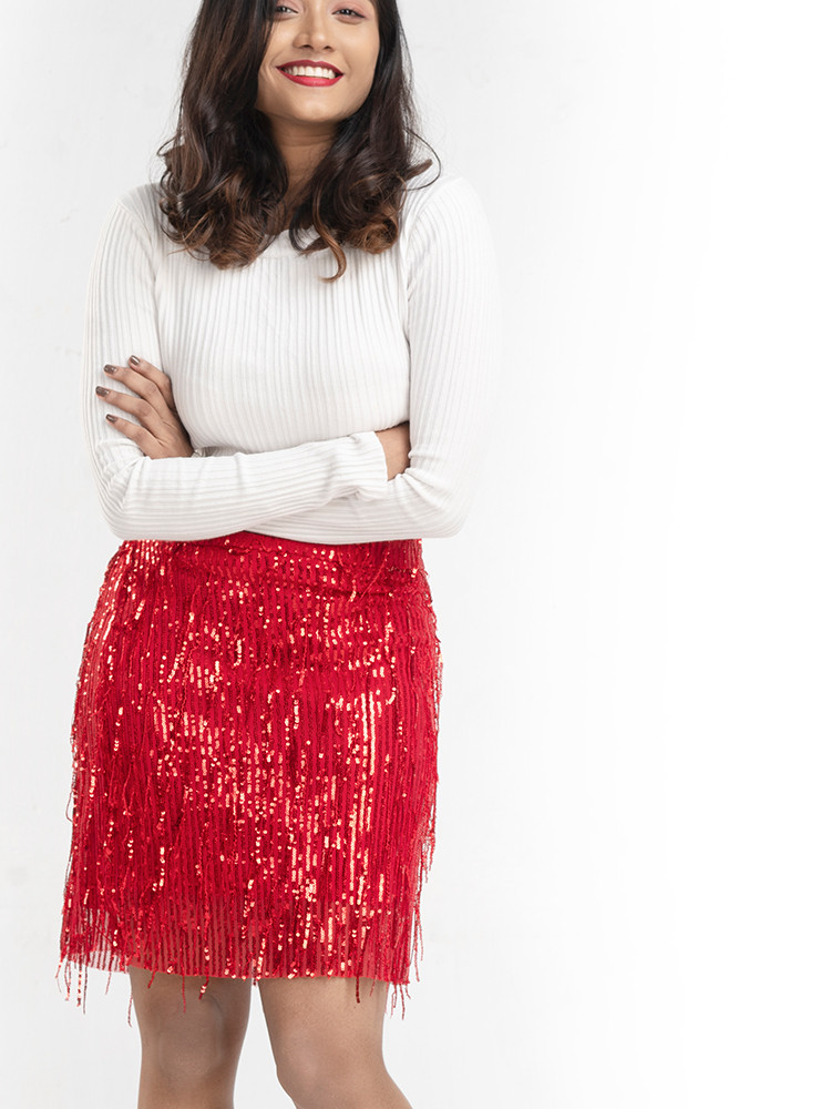 Red Sequinned Mini Straight Skirt
