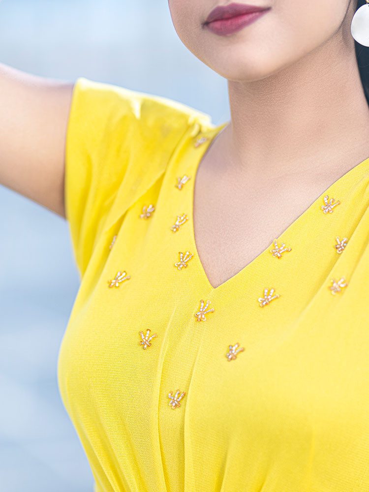 Yellow Solid Embellished Maxi Dress
