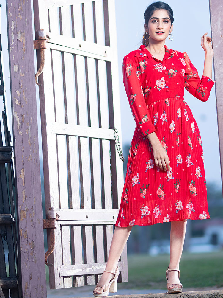 Red Printed Pleated Dress
