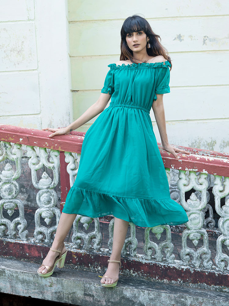 Green Solid Off-Shoulder Dress