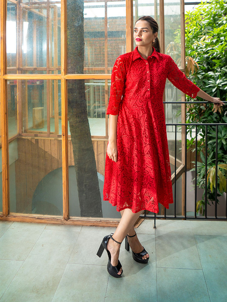 Red Lace Shirt Dress
