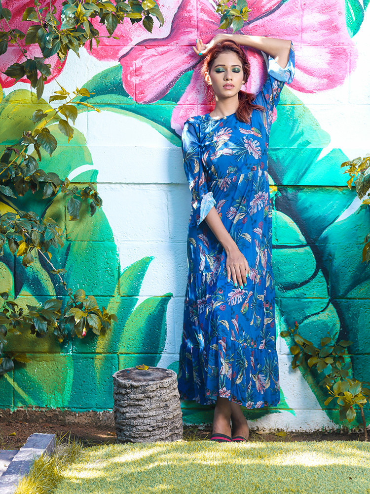 Navy Blue printed A-line Dress